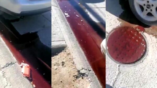 VIDEO: Captan río de sangre frente a una funeraria y los desechos brotan de la coladera