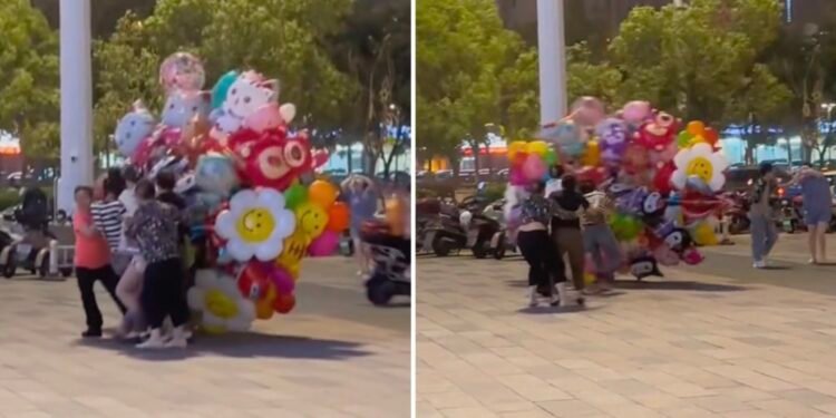 VIDEO: Vendedora de globos sufre por los fuertes vientos y todo termina en un drama