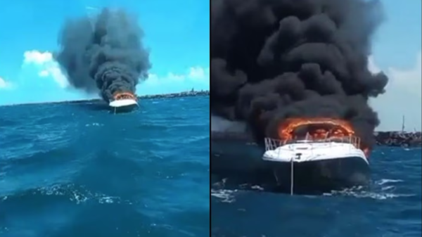 VIDEO: Incendio de un yate en Progreso, Yucatán provoca que tripulantes se lancen al mar