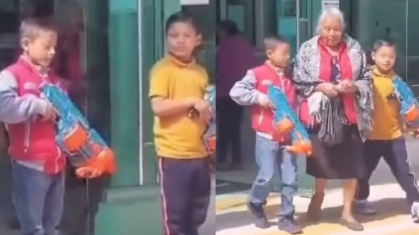 Abuelita es escoltada por niños armados con pistolas de juguete para poder cobrar pensión