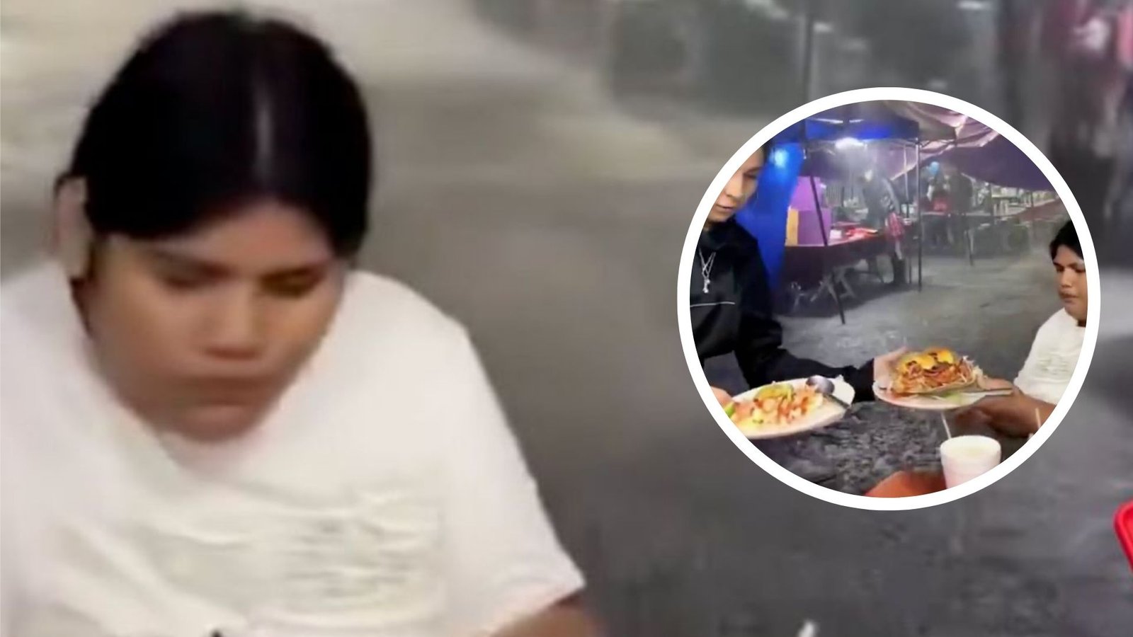 Familia ignora tormenta y sigue comiendo en tianguis como si nada