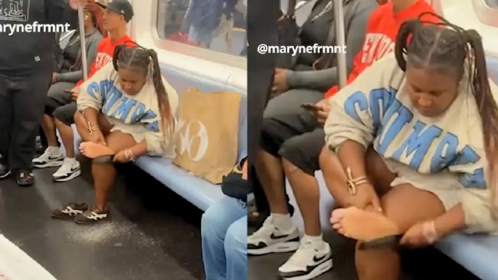 Captan a mujer limándose el talón del pie dentro del Metro de Nueva York y causa polémica