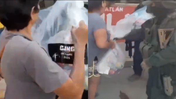 Presuntos integrantes del CJNG reparten despensas en Tihuatlán, Veracruz; Sheinbaum descalifica el acto