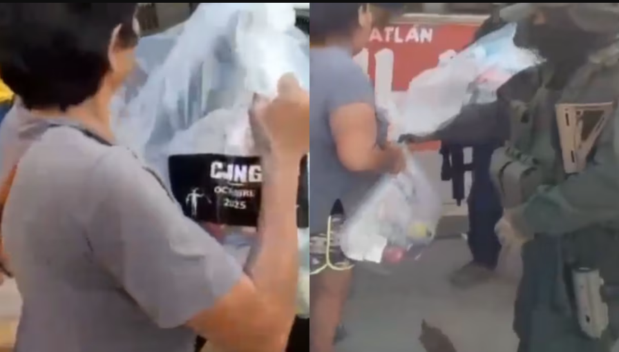 Presuntos integrantes del CJNG reparten despensas en Tihuatlán, Veracruz; Sheinbaum descalifica el acto