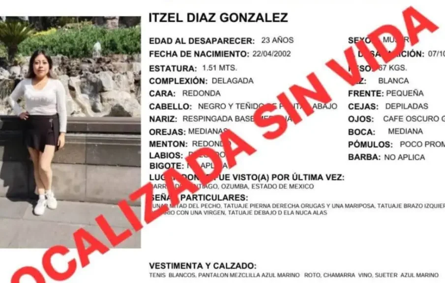 Hallan sin vida dentro de una cisterna a Itzel Díaz González, desaparecida tras salir a cenar en Edomex