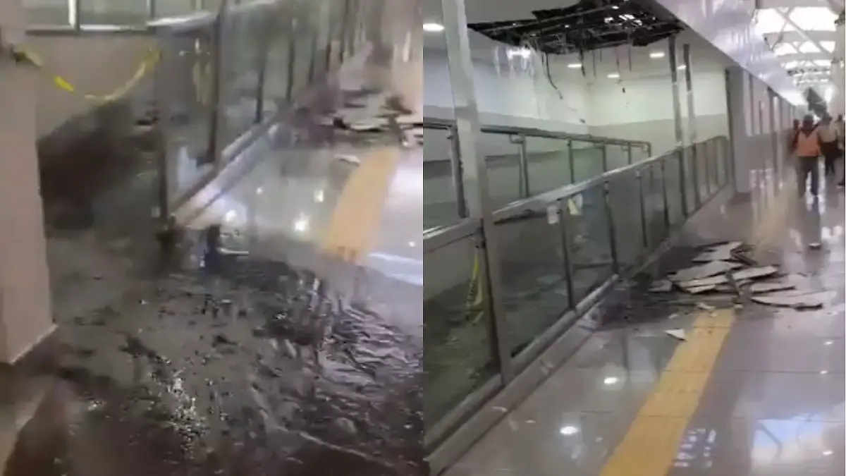 Fuga de aguas negras sorprende a usuarios del AICM en medio de obras de remodelación